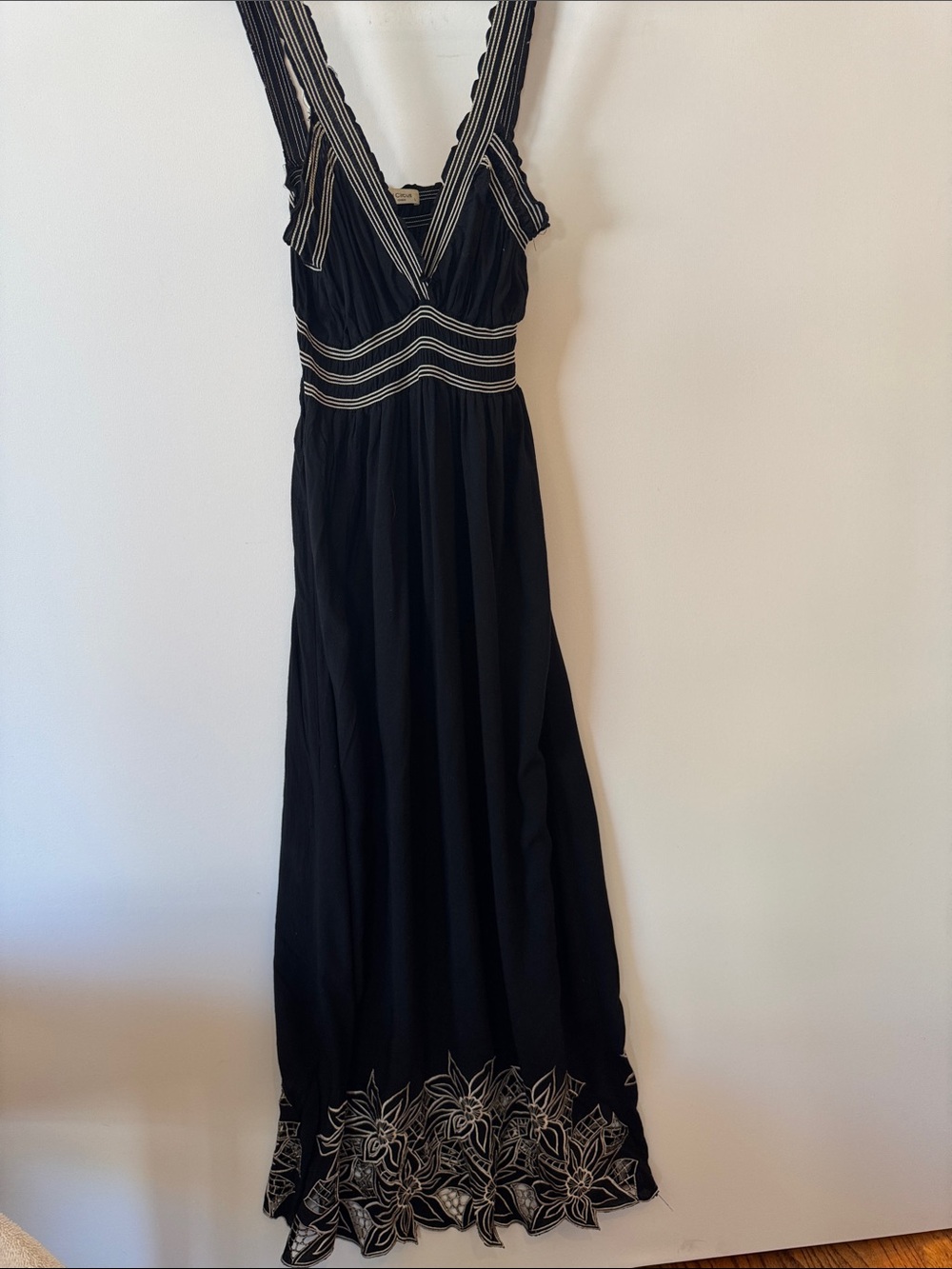 Oxford Circus Black Embroidered Maxi Dress with Striped Waist Size Large